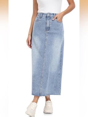 Denim Skirt Stretch High Waisted Frayed Raw Hem A Line Midi Skirt with Pockets